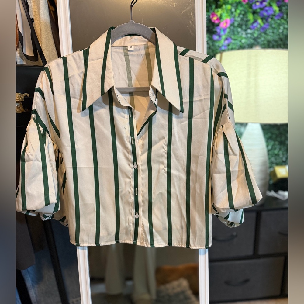 Cropped Ivory Button-Up with Forest Green Stripes